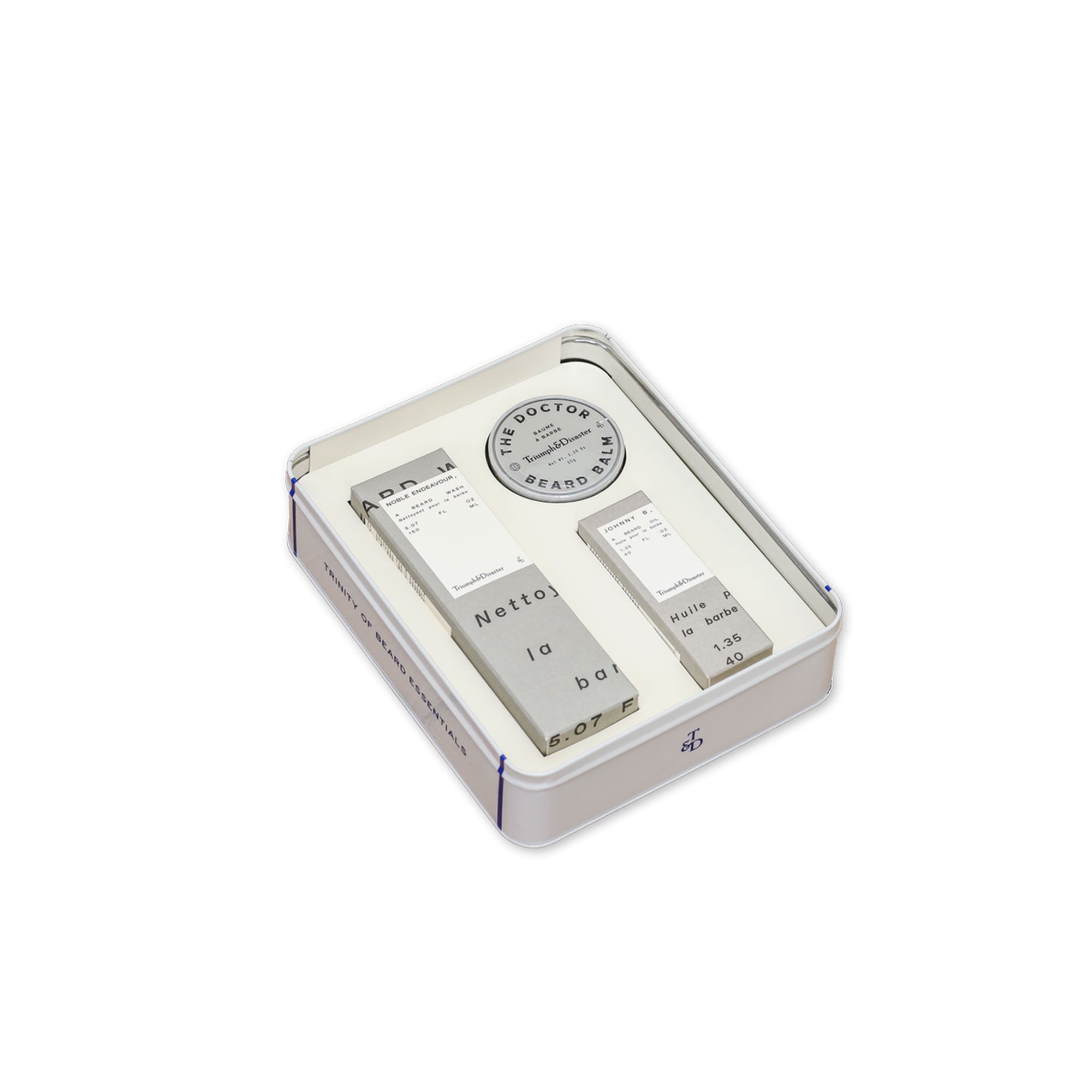 Set of toiletries in a white box on a white background